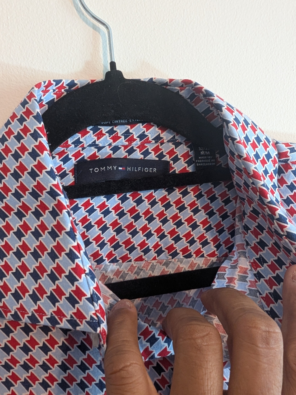 Tommy Hilfiger Men's Red and Blue Geometric Print Dress Shirt